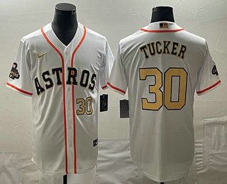 Men's Houston Astros #30 Kyle Tucker Number 2023 White Gold World Serise Champions Patch Cool Base Stitched Jersey1