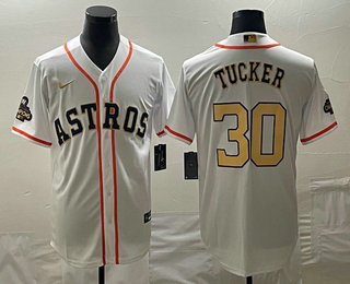 Men's Houston Astros #30 Kyle Tucker 2023 White Gold World Serise Champions Patch Cool Base Stitched Jersey