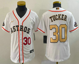 Youth Houston Astros #30 Kyle Tucker Number 2023 White Gold World Serise Champions Patch Cool Base Stitched Jersey