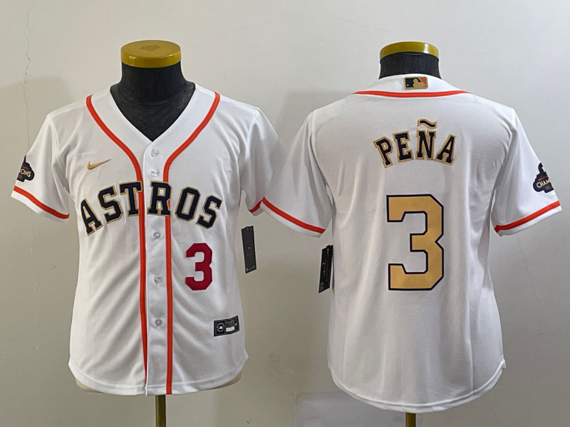 Youth Houston Astros #3 Jeremy Pena Number 2023 White Gold World Serise Champions Patch Cool Base Stitched Jerseys