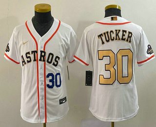 Youth Houston Astros #30 Kyle Tucker Number 2023 White Gold World Serise Champions Patch Cool Base Stitched Jersey1