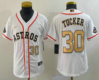 Youth Houston Astros #30 Kyle Tucker Number 2023 White Gold World Serise Champions Patch Cool Base Stitched Jerseys