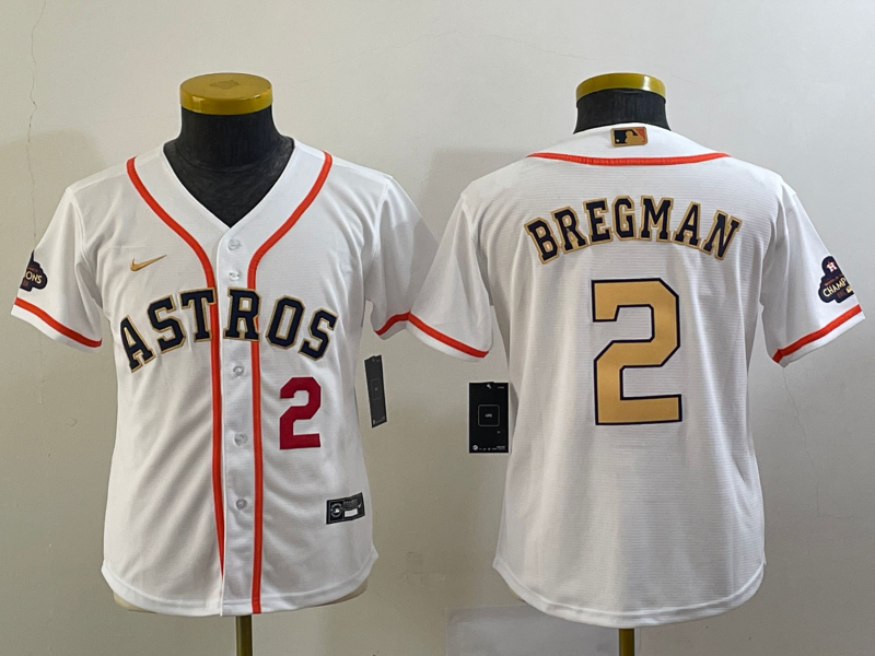 Youth Houston Astros #2 Alex Bregman Number 2023 White Gold World Serise Champions Patch Cool Base Stitched Jersey