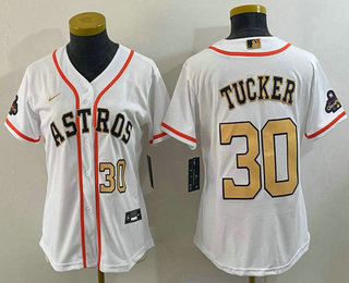 Women's Houston Astros #30 Kyle Tucker Number 2023 White Gold World Serise Champions Patch Cool Base Stitched Jerseys