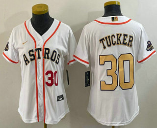 Women's Houston Astros #30 Kyle Tucker Number 2023 White Gold World Serise Champions Patch Cool Base Stitched Jersey1