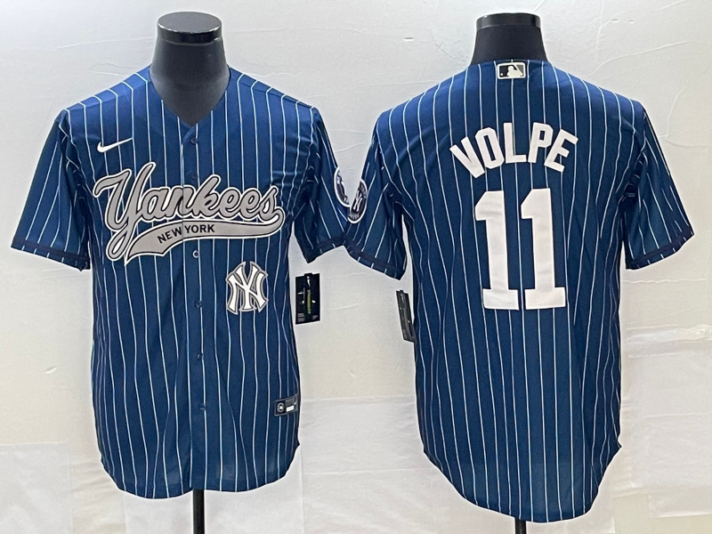 Men's New York Yankees #11 Anthony Volpe Navy With Patch Cool Base Stitched Baseball Jersey