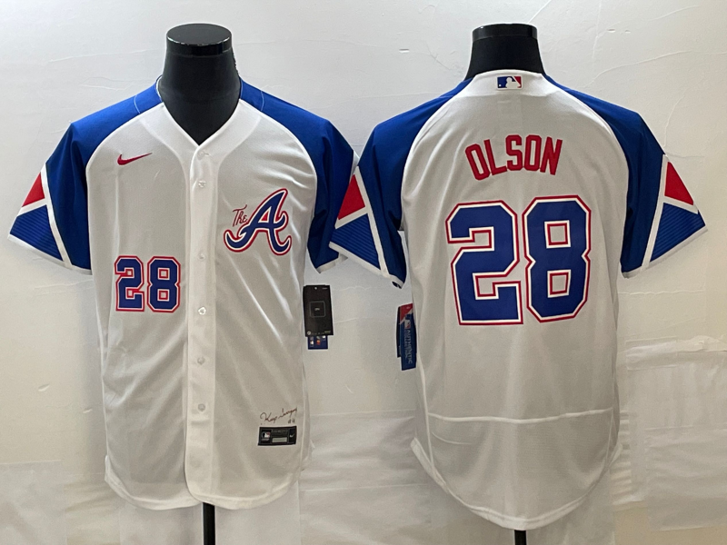 Men's Atlanta Braves #28 Matt Olson Number White 2023 City Connect Flex Base Stitched Jersey