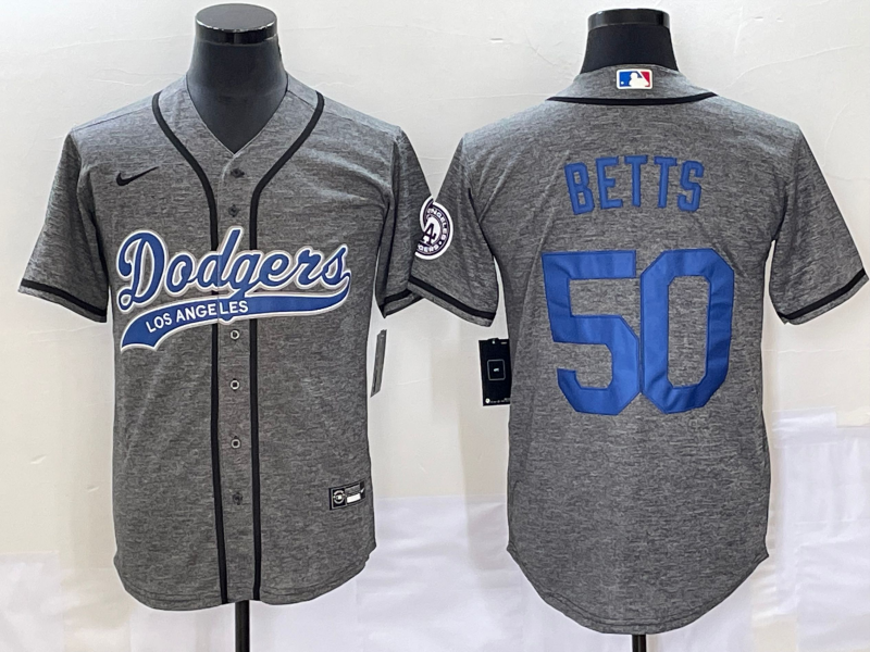 Men's Los Angeles Dodgers #50 Mookie Betts Grey Gridiron Cool Base Stitched Baseball Jersey