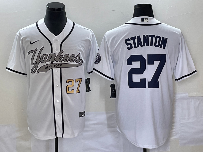 Men's New York Yankees #27 Giancarlo Stanton Number White With Patch Cool Base Stitched Baseball Jersey