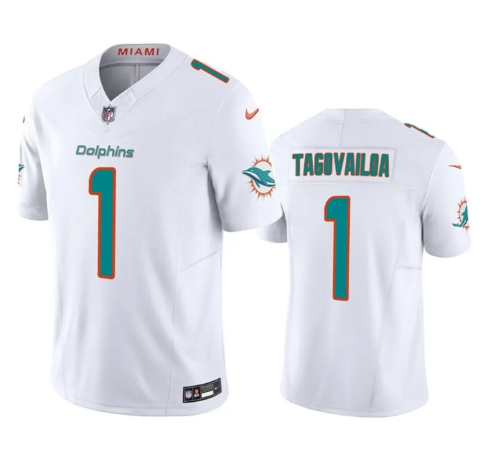 Men's Miami Dolphins #1 Tua Tagovailoa White 2023 F.U.S.E Vapor Limited Stitched Football Jersey