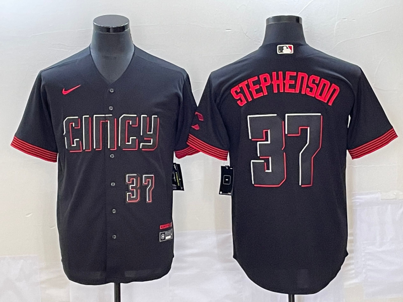 Men's Cincinnati Reds #37 Tyler Stephenson Number Black 2023 City Connect Cool Base Stitched Jersey2