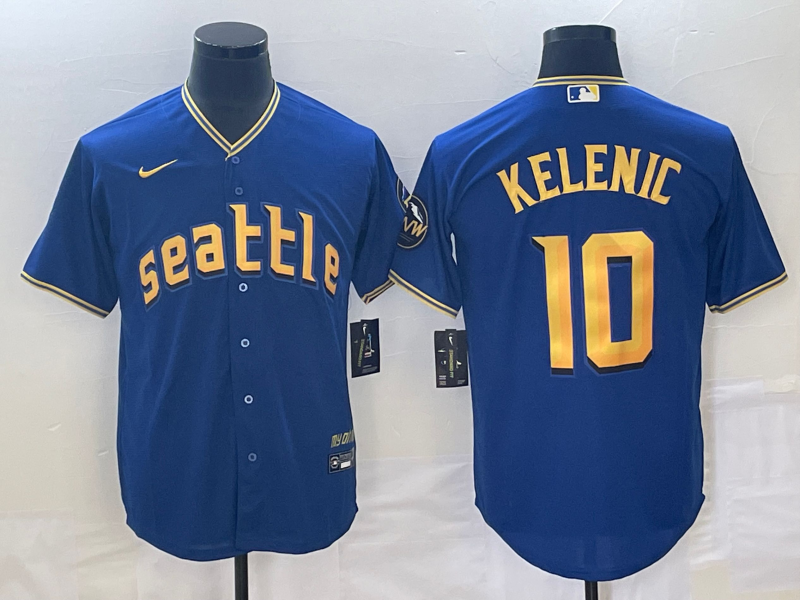 Men's Seattle Mariners #10 Jarred Kelenic Blue 2023 City Connect Cool Base Stitched Jersey