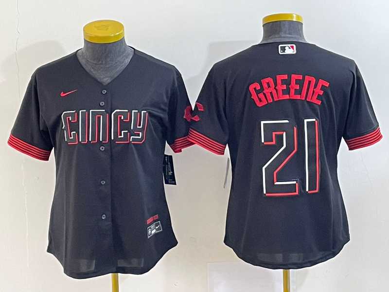 Women's Cincinnati Reds #21 Hunter Greene Black 2023 City Connect Cool Base Stitched Jersey1