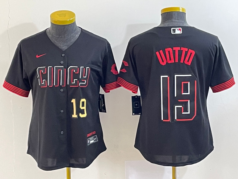 Women's Cincinnati Reds #19 Joey Votto Number Black 2023 City Connect Cool Base Stitched Jersey