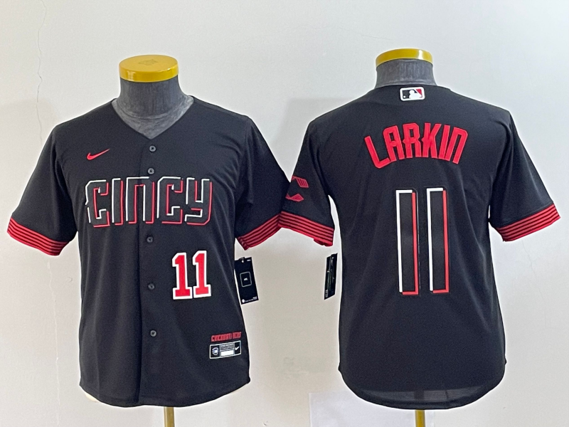 Youth Cincinnati Reds #11 Barry Larkin Number Black 2023 City Connect Cool Base Stitched Jersey1