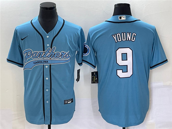 Men's Carolina Panthers #9 Bryce Young Blue With Patch Cool Base Stitched Baseball Jersey