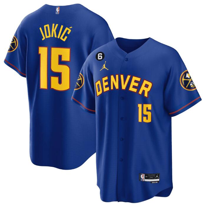 Men's Denver Nuggets #15 Nikola Jokic Blue With No.6 Patch Cool Base Stitched Jersey