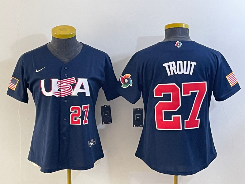 Women's USA Baseball #27 Mike Trout Number 2023 Navy World Classic Stitched Jersey