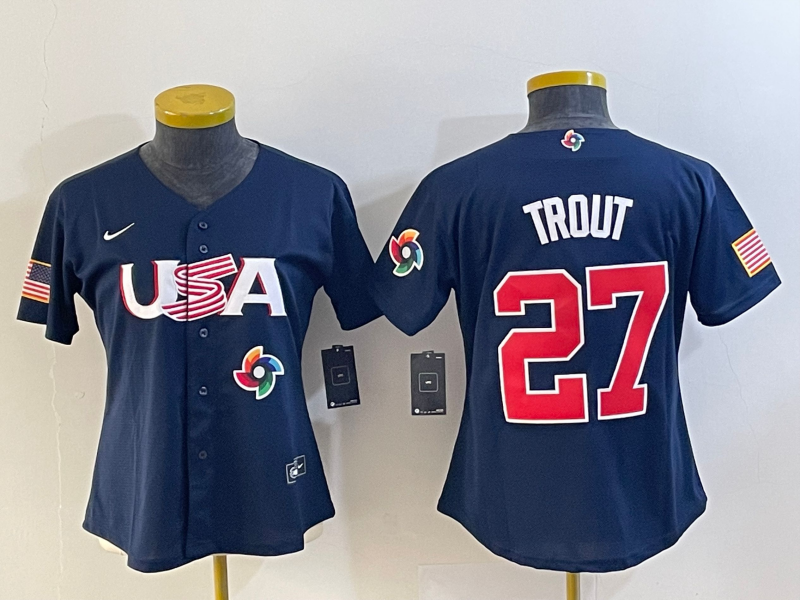 Women's USA Baseball #27 Mike Trout 2023 Navy World Classic Stitched Jersey1