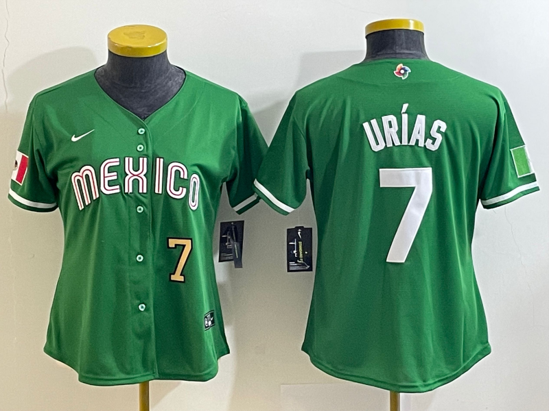 Women's Mexico Baseball #7 Julio Urias Number 2023 Green World Classic Stitched Jersey