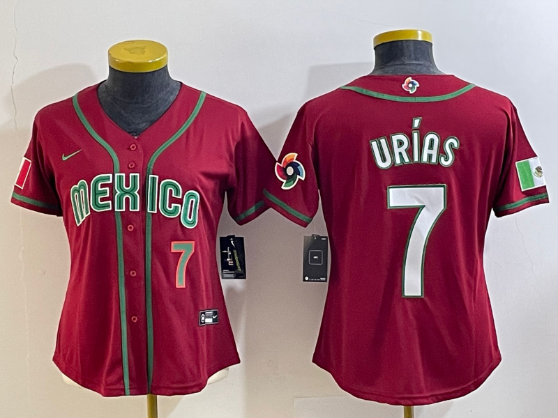 Women's Mexico Baseball #7 Julio Urias Number 2023 Red World Baseball Classic Stitched Jersey