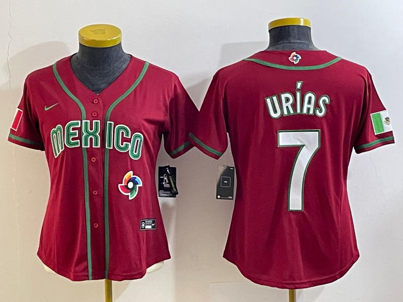 Women's Mexico Baseball #7 Julio Urias Number 2023 Red World Baseball Classic Stitched Jersey13