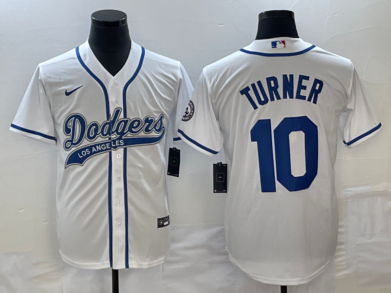 Men's Los Angeles Dodgers #10 Justin Turner White With Patch Cool Base Stitched Baseball Jersey1