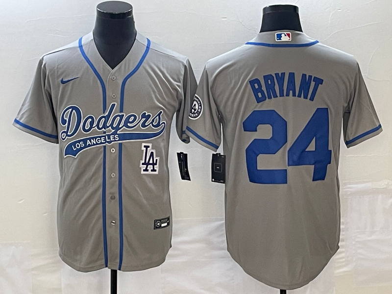 Men's Los Angeles Dodgers #24 Kobe Bryant Grey With Patch Cool Base Stitched Baseball Jersey