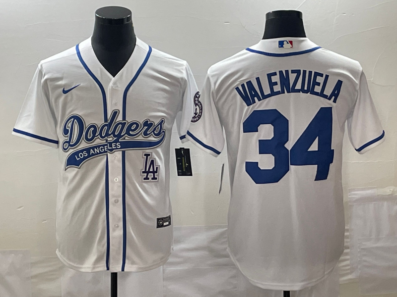 Men's Los Angeles Dodgers #34 Fernando Valenzuela White With Patch Cool Base Stitched Baseball Jersey