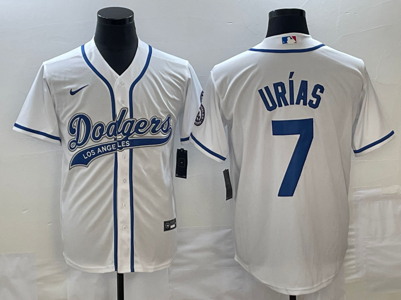 Men's Los Angeles Dodgers #7 Julio Urias White With Patch Cool Base Stitched Baseball Jersey1