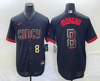 Men's Cincinnati Reds #8 Joe Morgan Number Black 2023 City Connect Cool Base Stitched Jersey 1