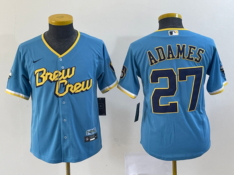 Youth Milwaukee Brewers #27 Willy Adames Blue 2022 City Connect Cool Base Stitched Jersey