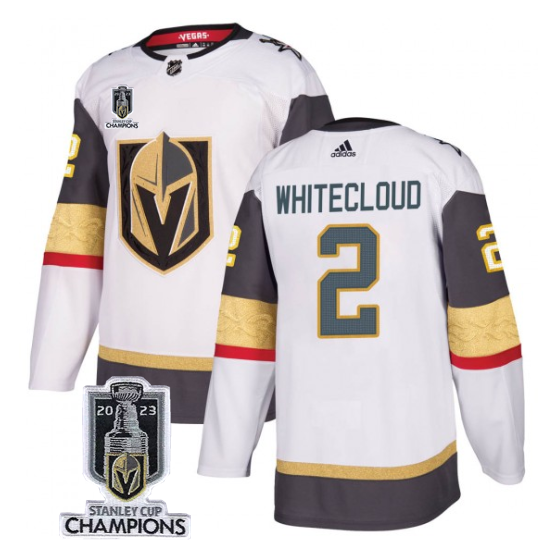 Men's Vegas Golden Knights #2 Zach Whitecloud White 2023 Stanley Cup Champions Stitched Jersey