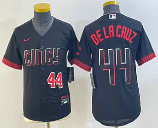 Youth Cincinnati Reds #44 Elly De La Cruz Number Black 2023 City Connect Cool Base Stitched Jersey 2