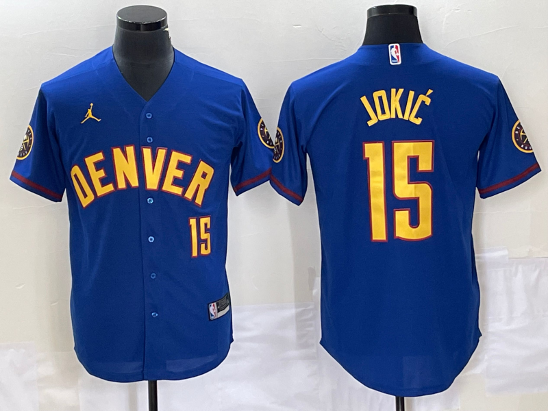 Men's Denver Nuggets #15 Nikola Jokic Blue With Patch Stitched Baseball Jersey