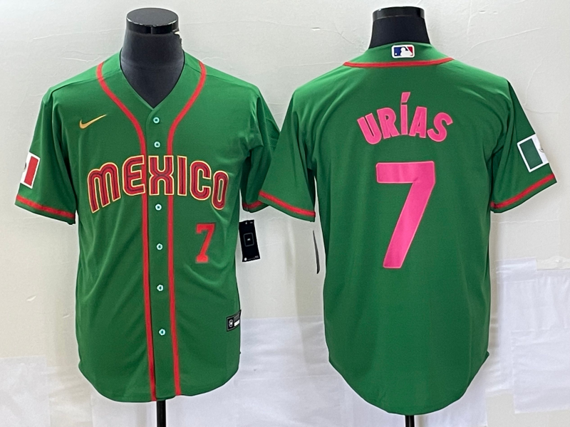 Men's Mexico Baseball #7 Julio Urias Number 2023 Green World Classic Stitched Jersey9