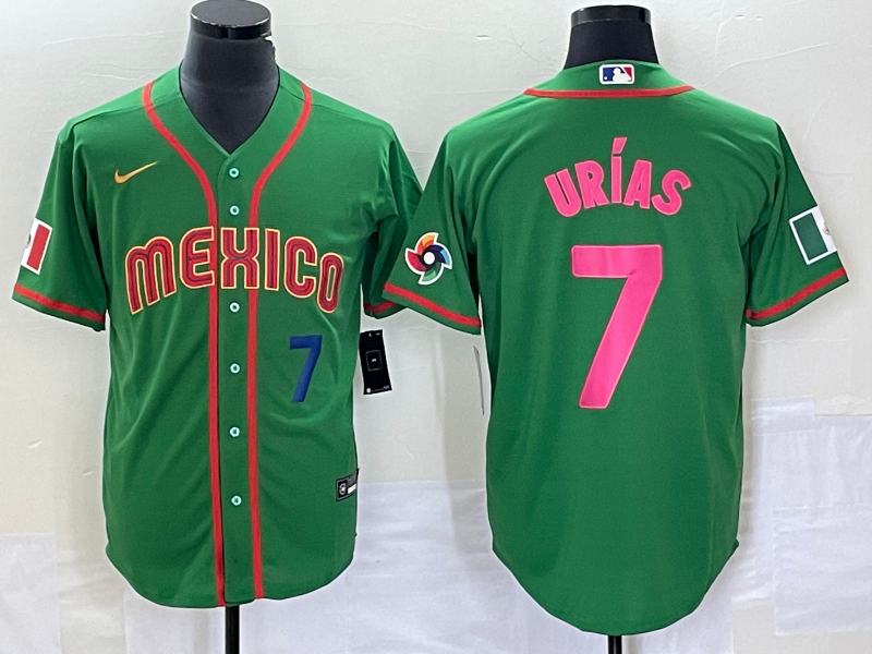 Men's Mexico Baseball #7 Julio Urias Number 2023 Green World Classic Stitched Jersey11