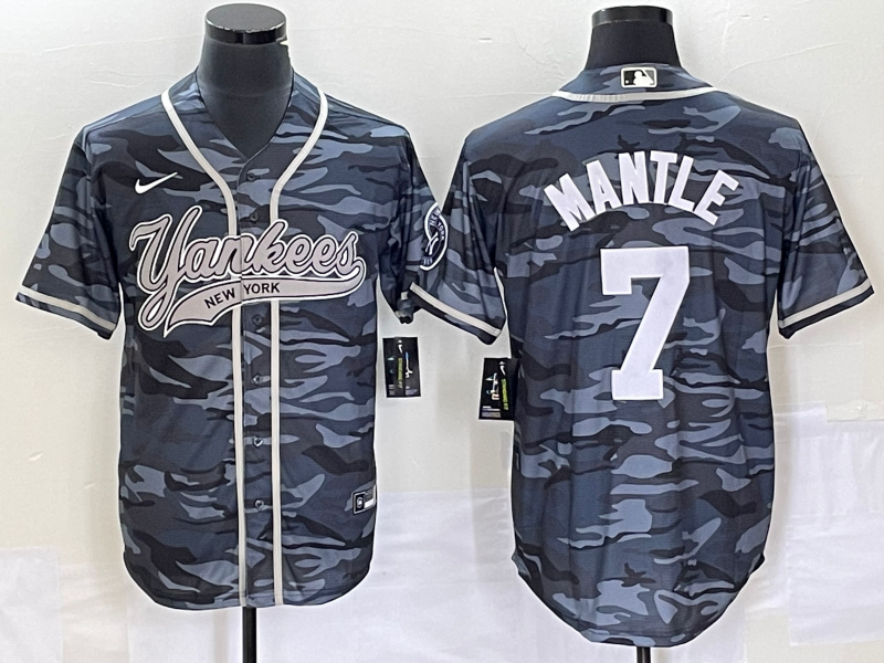 Men's New York Yankees #7 Mickey Mantle Grey Camo Cool Base With Patch Stitched Baseball Jersey