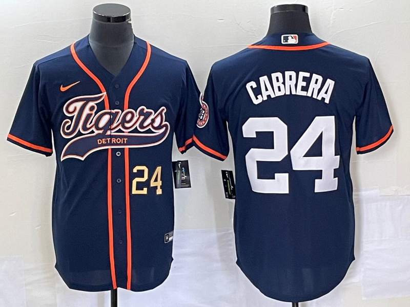 Men's Detroit Tigers #24 Miguel Cabrera Number Navy Blue Cool Base Stitched Baseball Jersey