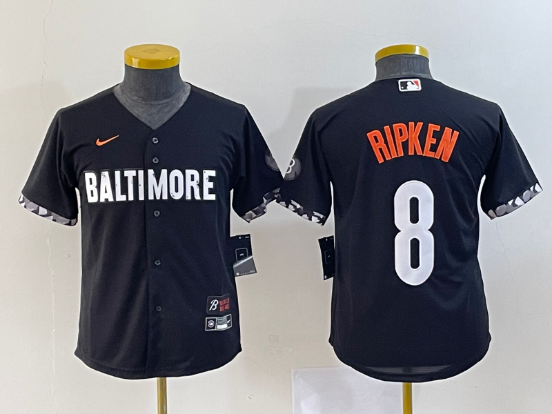 Youth Baltimore Orioles #8 Cal Ripken Jr Black 2023 City Connect Cool Base Stitched Jersey 1