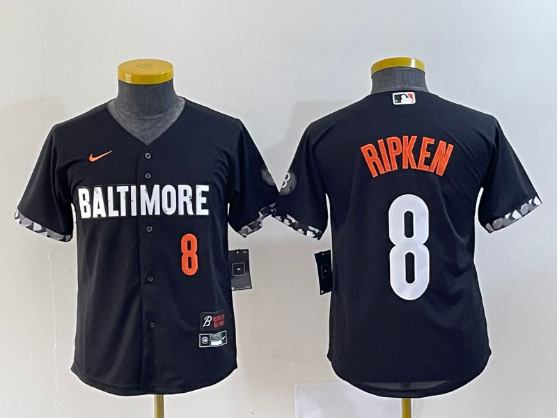 Youth Baltimore Orioles #8 Cal Ripken Jr Number Black 2023 City Connect Cool Base Stitched Jersey 2