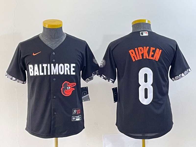 Youth Baltimore Orioles #8 Cal Ripken Jr Black 2023 City Connect Cool Base Stitched Jersey