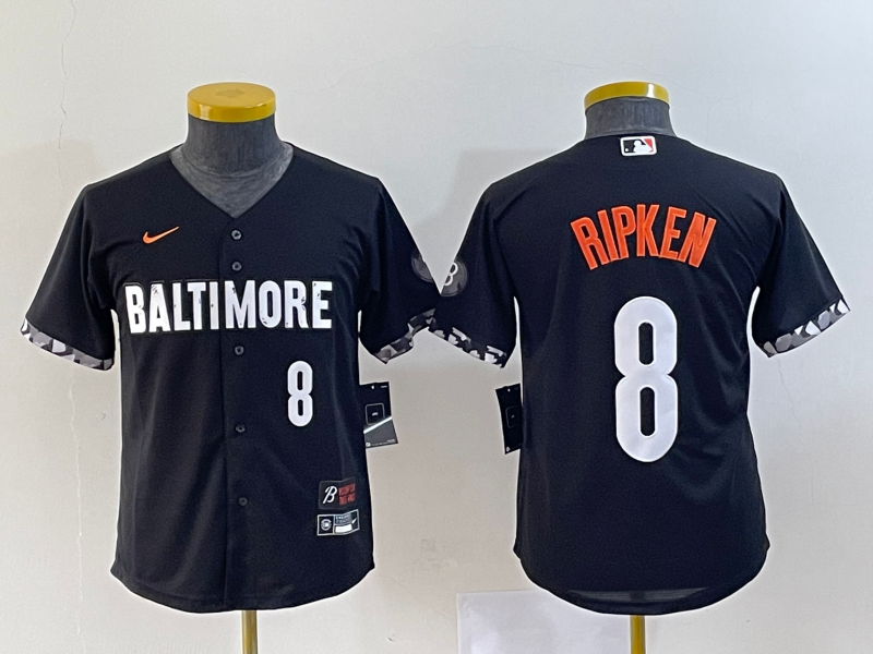 Youth Baltimore Orioles #8 Cal Ripken Jr Number Black 2023 City Connect Cool Base Stitched Jersey 1