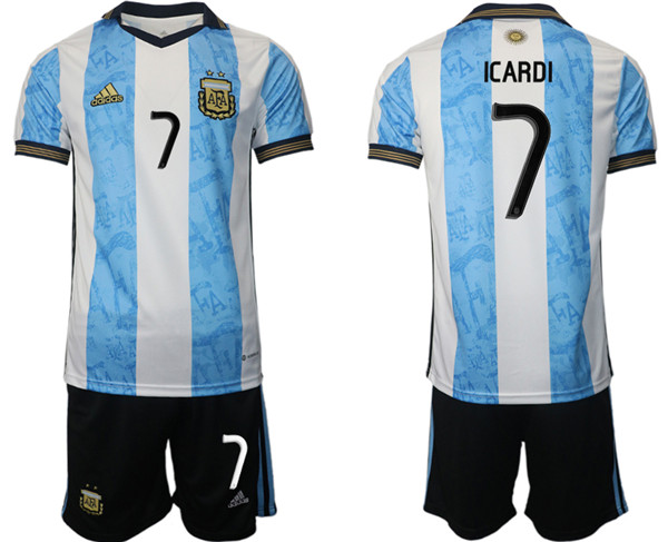 Men's Argentina #7 Icardi White Blue Home Soccer Jersey Suit