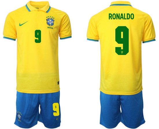 Men's Brazil #9 Ronaldo Yellow Home Soccer Jersey Suit