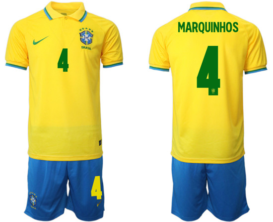 Men's Brazil #4 Marquinhos Yellow Home Soccer Jersey Suit