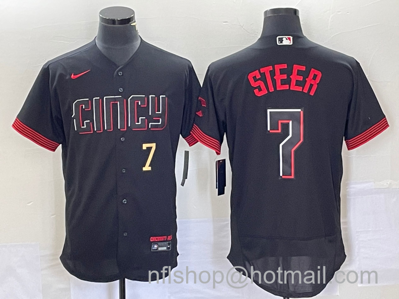 Spencer Steer Men's Cincinnati Reds #7 Numer 2023 City Connect Cool Base Stitched Baseball Jersey - Black