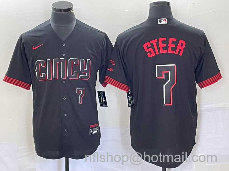 Spencer Steer Men's Cincinnati Reds #7 Numer 2023 City Connect Cool Base Stitched Baseball Jersey 1 - Black