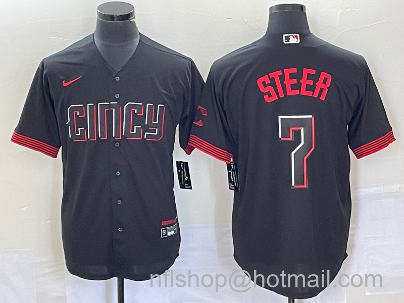 Spencer Steer Men's Cincinnati Reds #7 2023 City Connect Cool Base Stitched Baseball Jersey 1 - Black