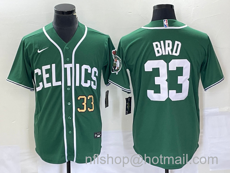 Larry Bird Men's Boston Celtics #33 Number Stitched Baseball Jersey - Green